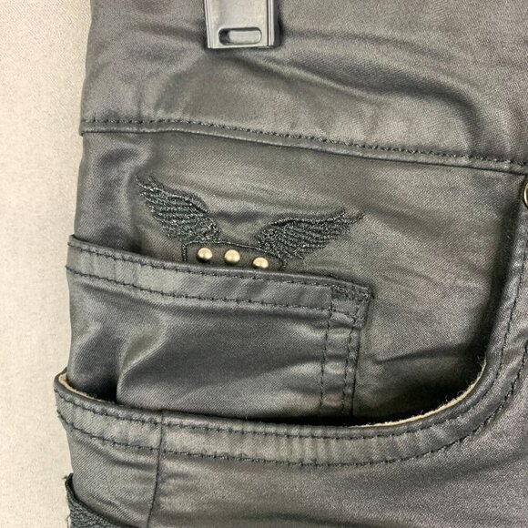 Robins Jean Mens Pants 33x30 Black Zippers Moto Slim Faux Leather L-Flap Biker - Picture 4 of 16